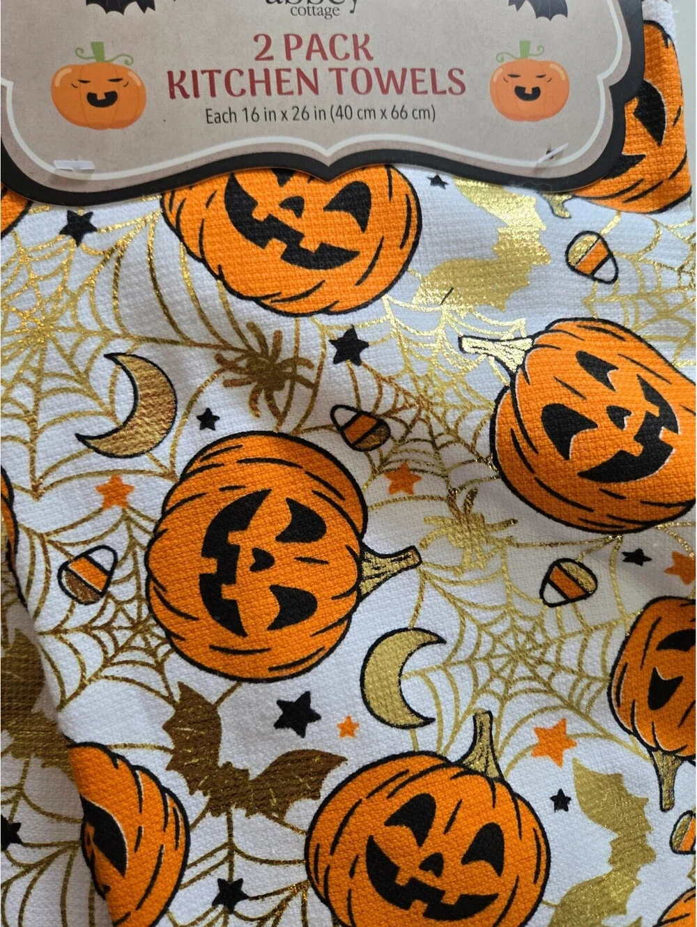 Abbey Cottage Kitchen Towel Set Halloween Decoration Pumpkins, Spider Web NWT